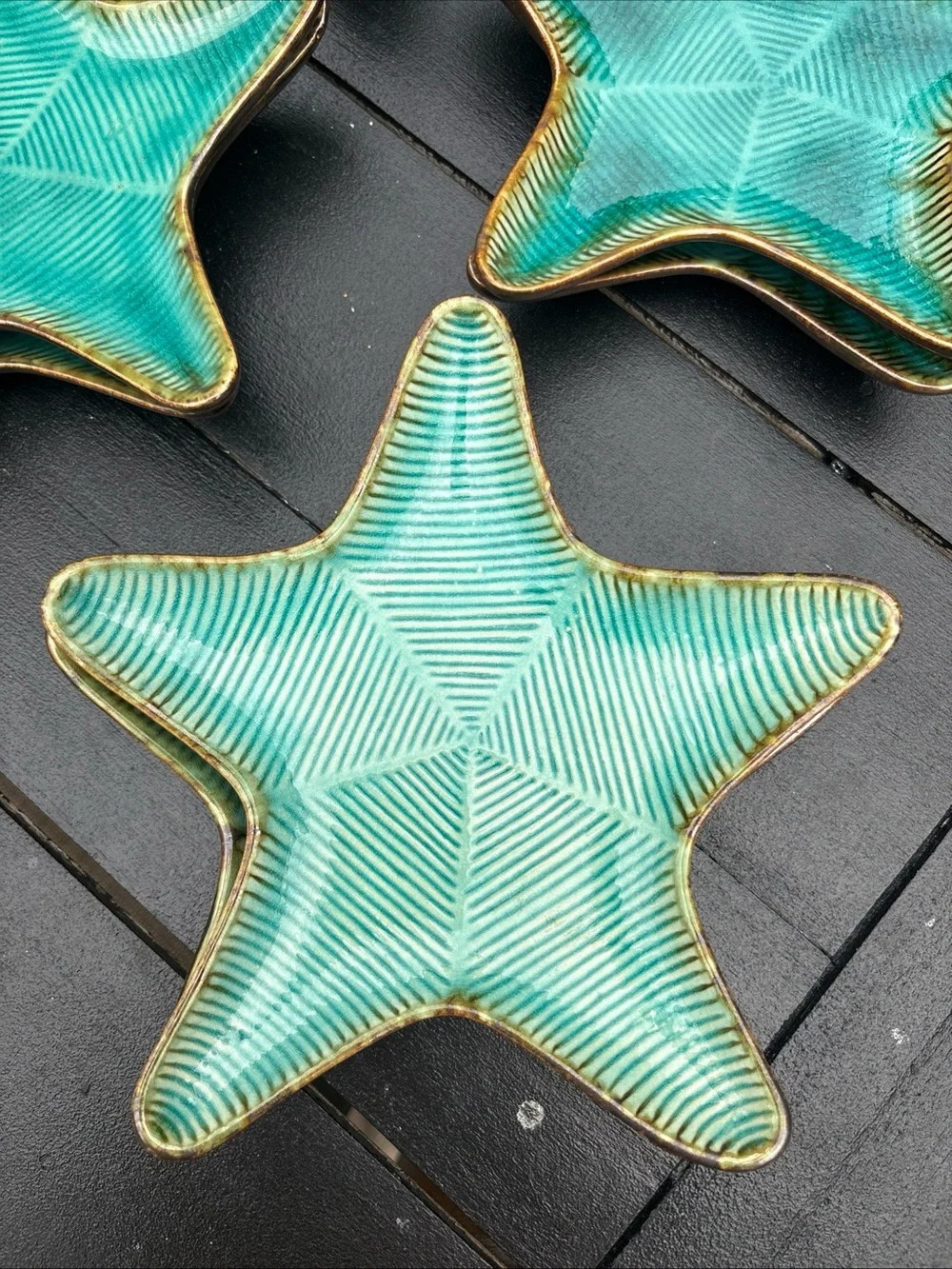 Turquoise Starfish Ceramic 8” snack plates with Gold Edge lot of 7